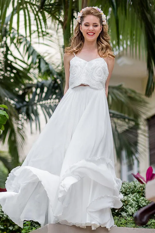 Spaghetti Sleeveless Chiffon Two-Piece Wedding Dress With Lace-715051