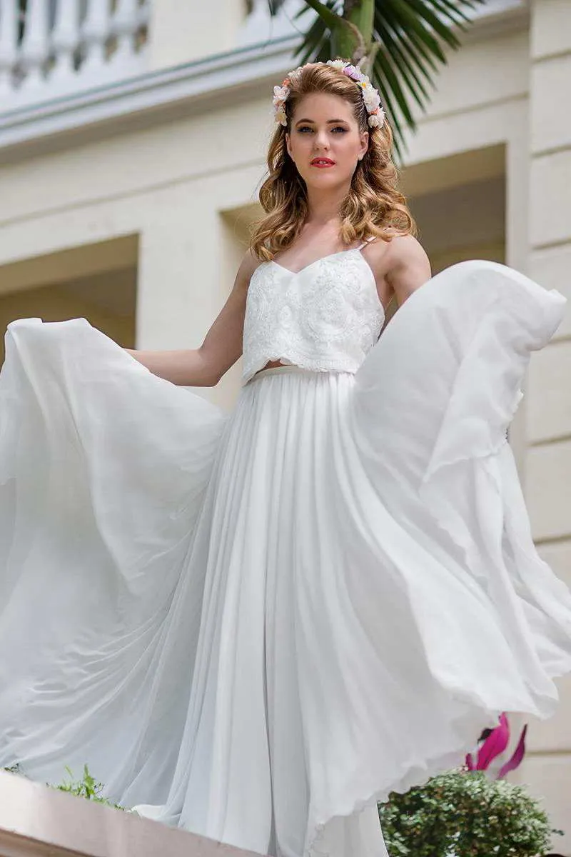 Spaghetti Sleeveless Chiffon Two-Piece Wedding Dress With Lace-715051