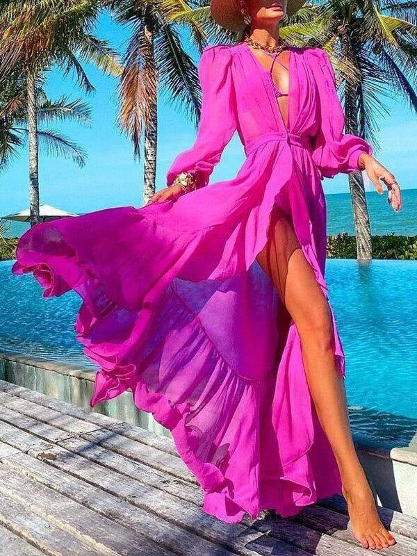 Split-Front Long Sleeves Maxi Dress