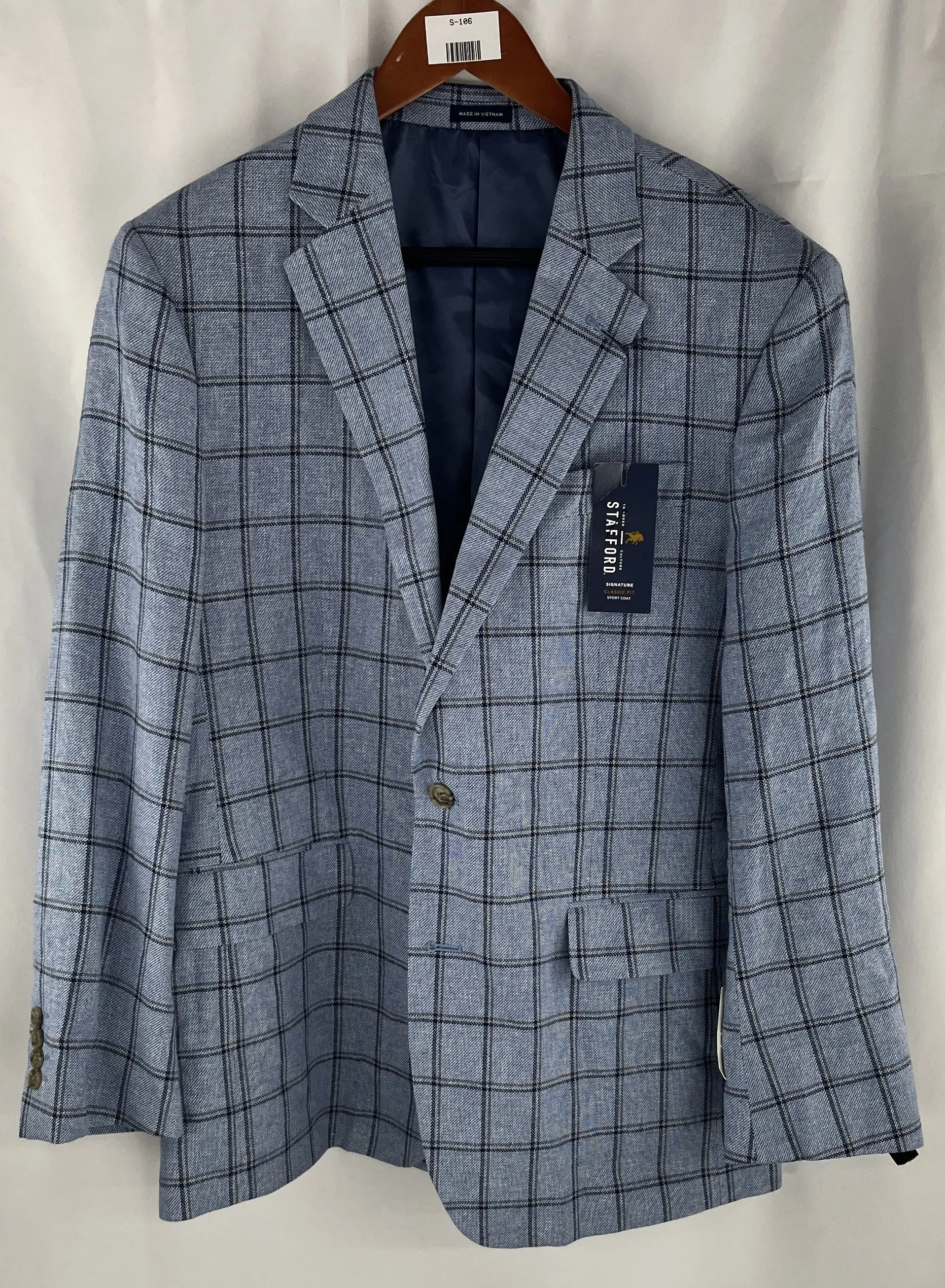 Stafford Light Blue Windowpane Classic Fit Sport Coat Size 42R NWT MSRP $125
