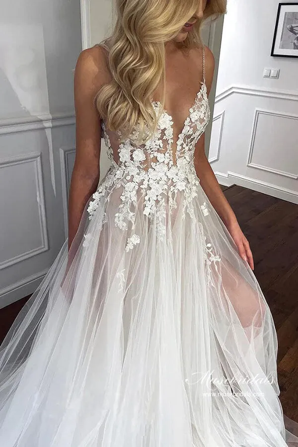 Stunning Tulle Lace See Through Sweetheart Boho Wedding Dresses, MW1039
