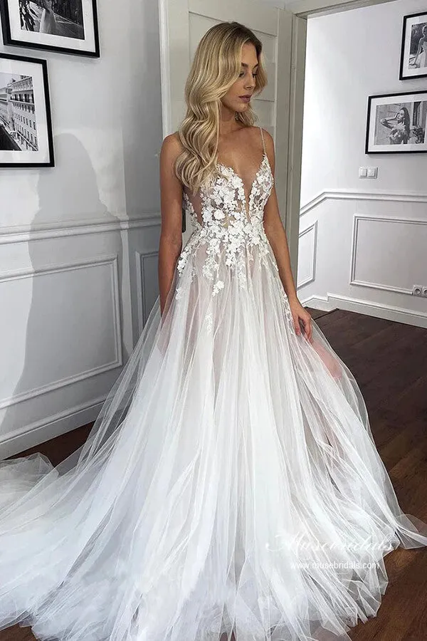 Stunning Tulle Lace See Through Sweetheart Boho Wedding Dresses, MW1039