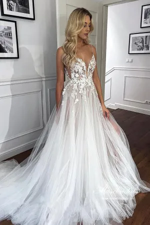 Stunning Tulle Lace See Through Sweetheart Boho Wedding Dresses, MW1039