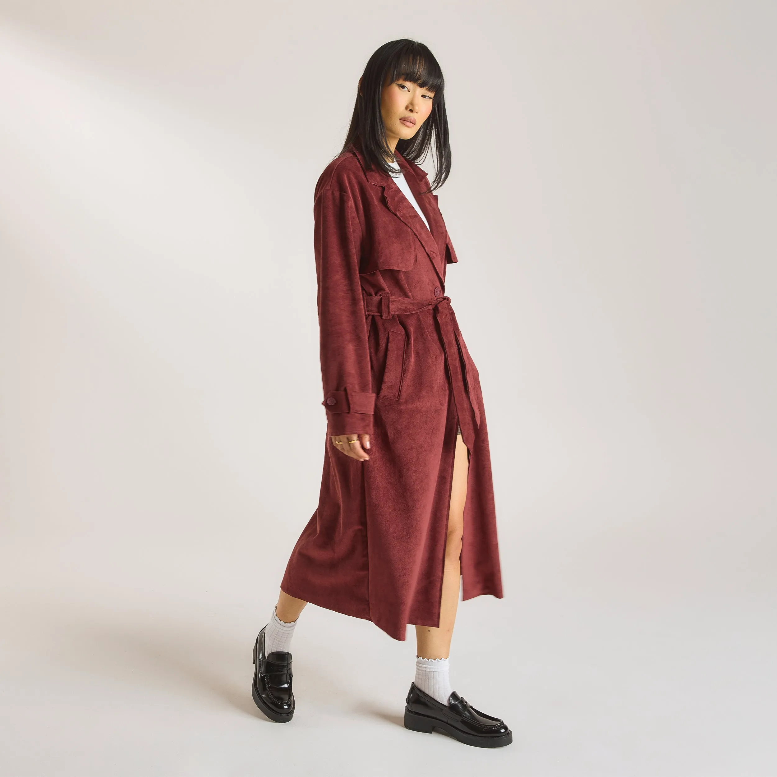 Suedette Trench Coat - Burgundy