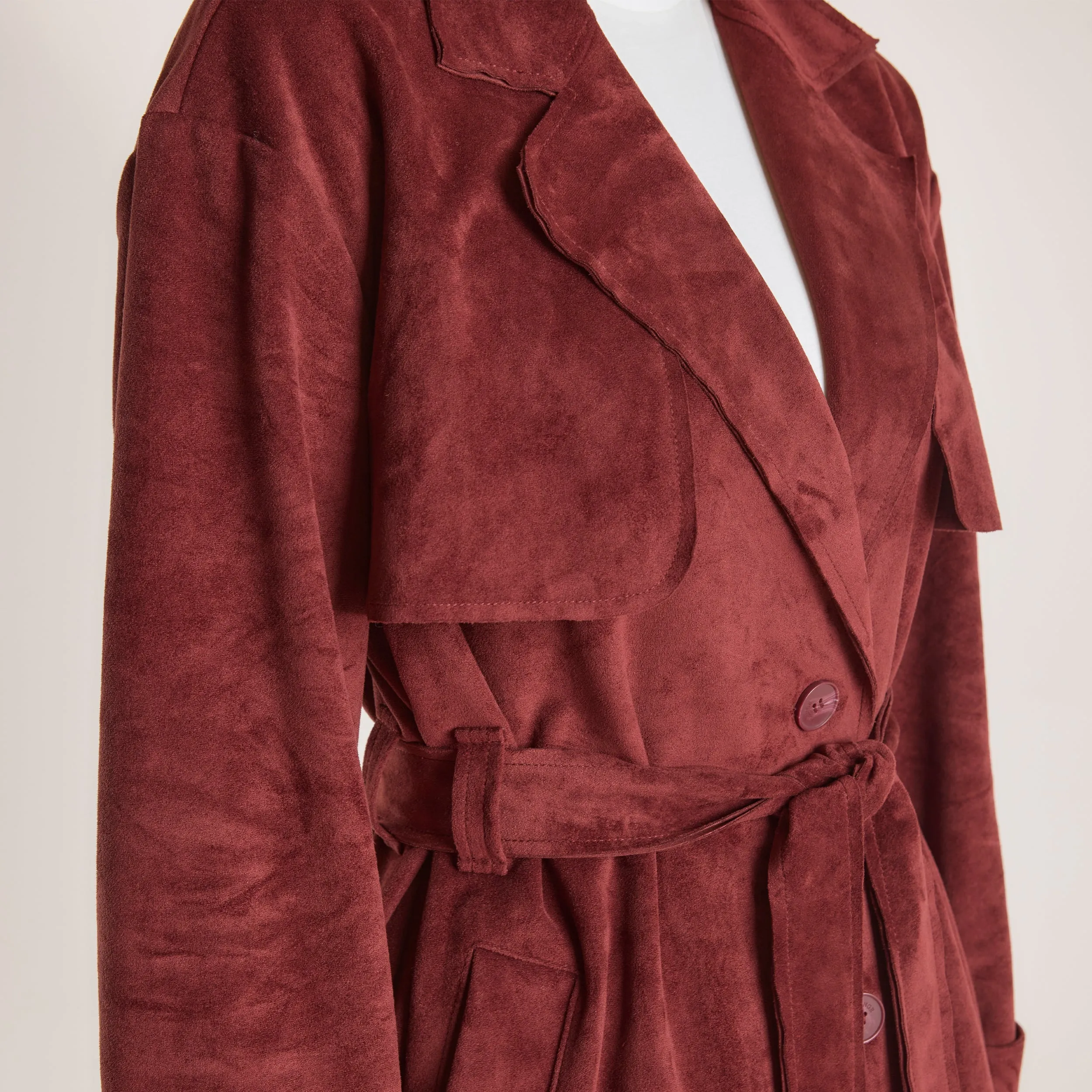 Suedette Trench Coat - Burgundy