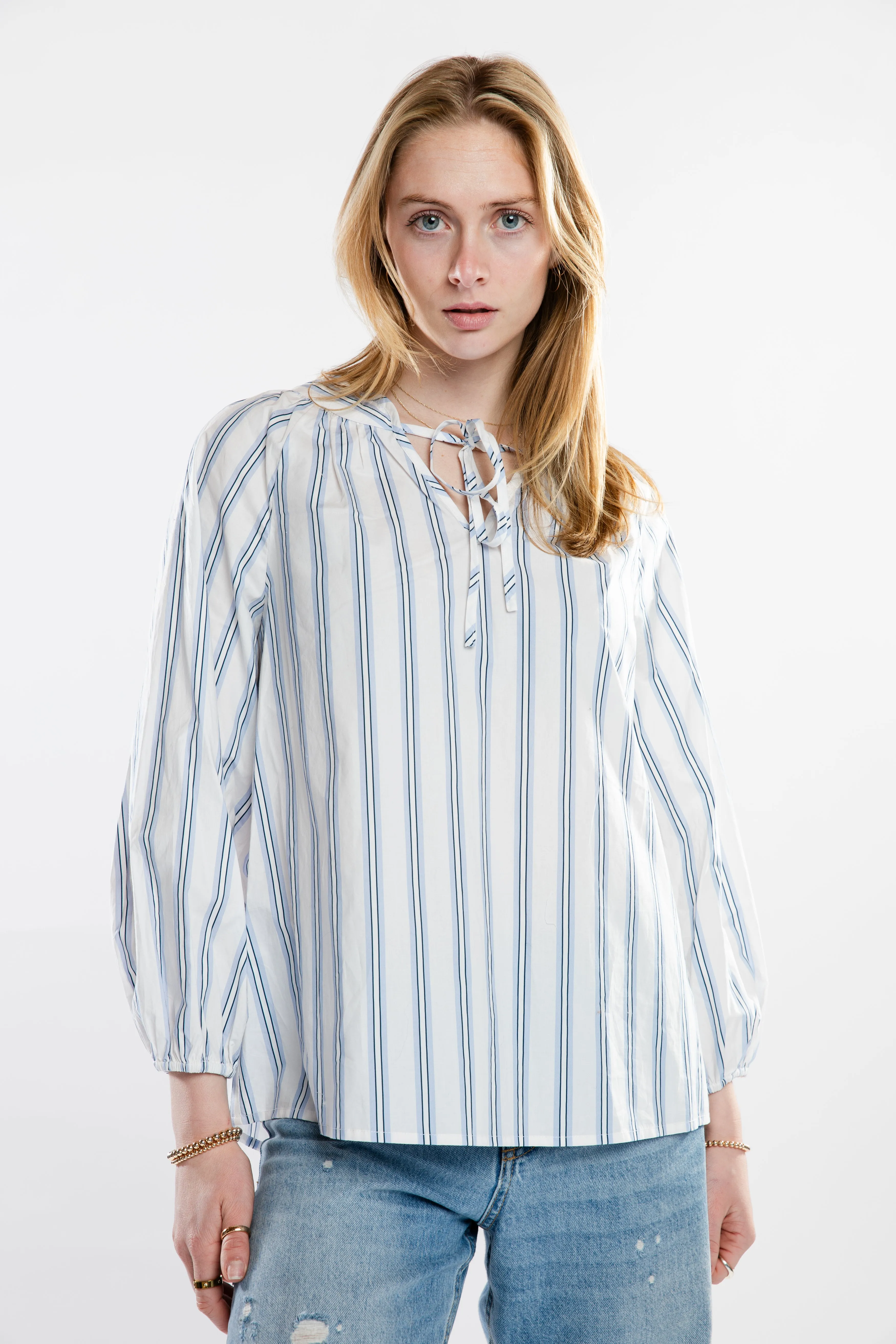 The Faye Front Tie Long Sleeve | White & Navy