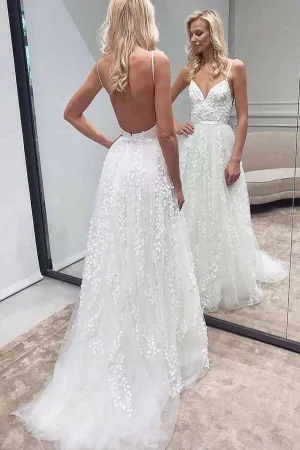 Tulle A-line Lace Appliqued Spaghetti Straps Wedding Dress, Wedding Gown, MW726