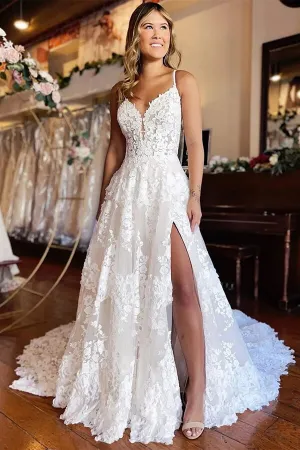 Tulle A-line Spaghetti Straps Sweetheart Wedding Dresses With High Slit, MW864