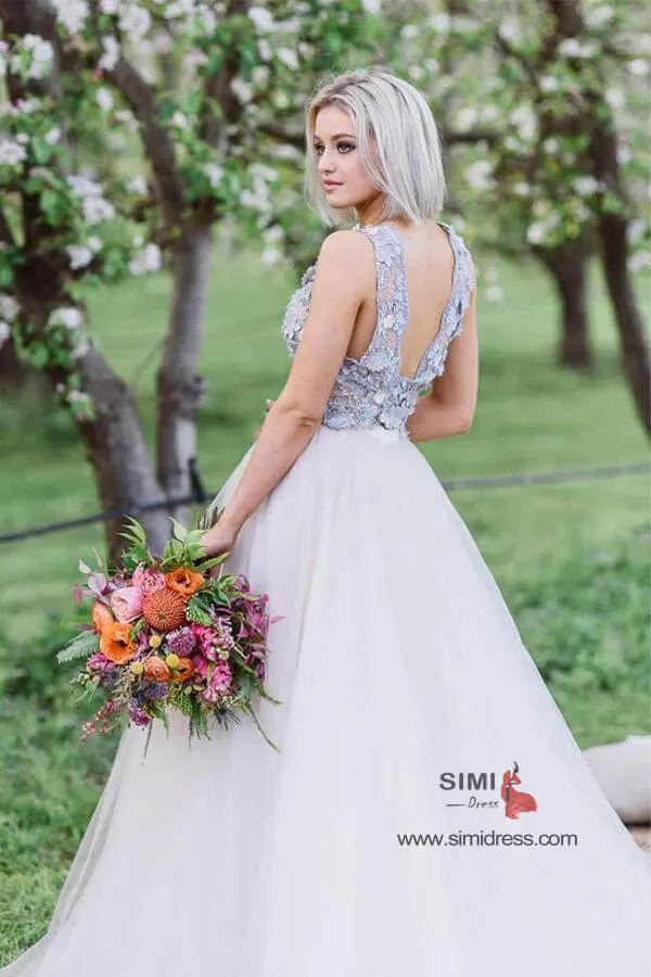 Tulle Lace A-line Sleeveless V-neck Wedding Dresses With Floral Appliques, SW462