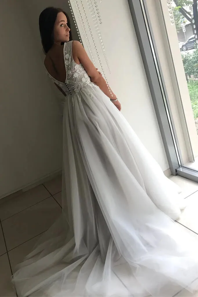 Tulle Lace Top A-line V-neck Wedding Dresses, Appliques Wedding Gown, MW763