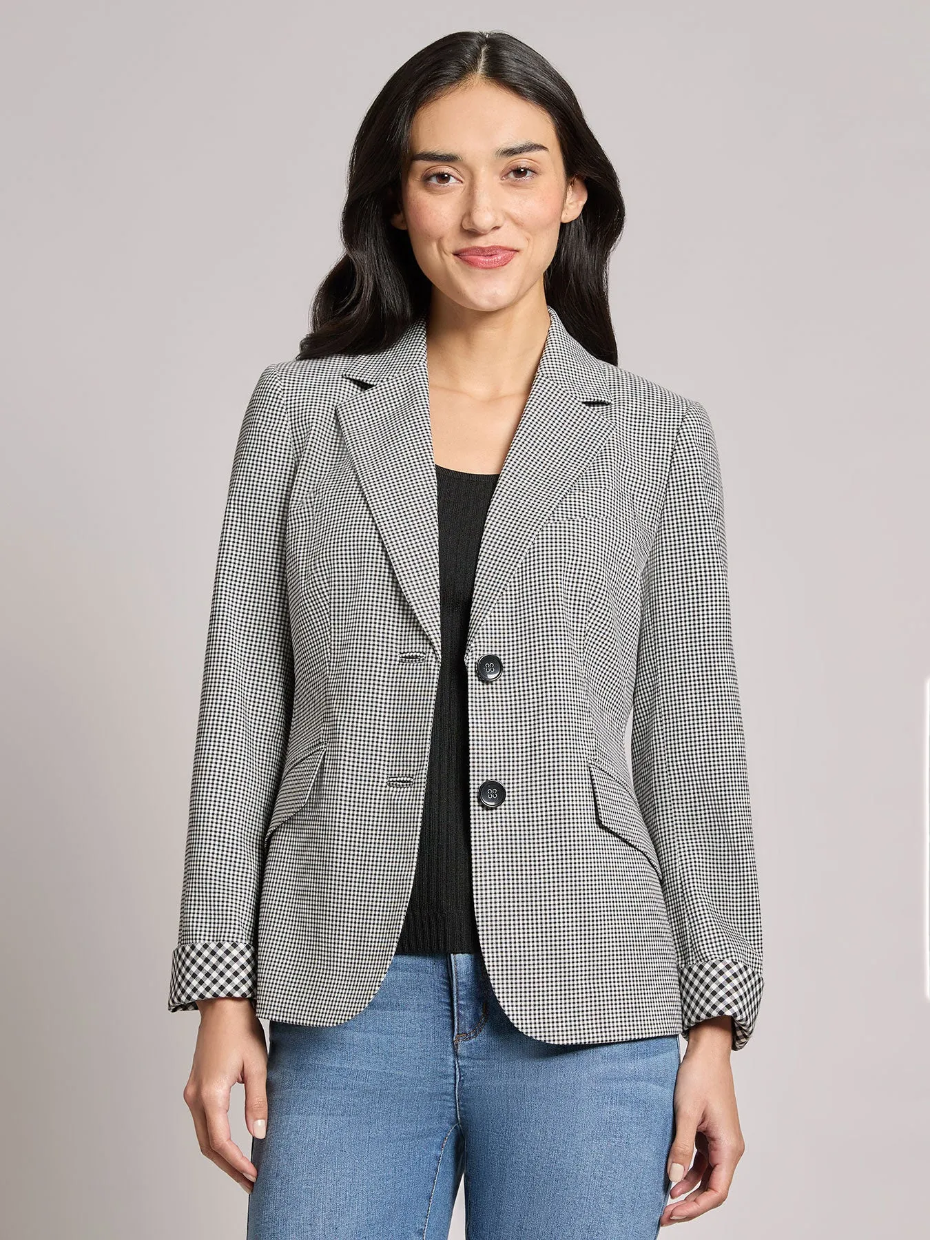 Two Button Notch Collar Jacket, Gingham