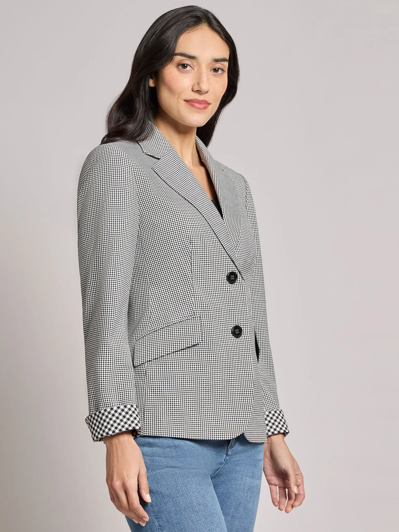 Two Button Notch Collar Jacket, Gingham