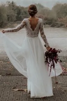 V-neckline Beach Bridal Dress with Sheer Lace Sleeves