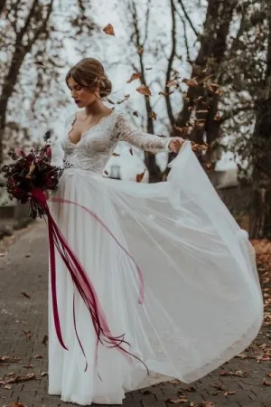 V-neckline Beach Bridal Dress with Sheer Lace Sleeves