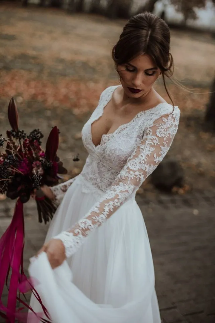 V-neckline Beach Bridal Dress with Sheer Lace Sleeves