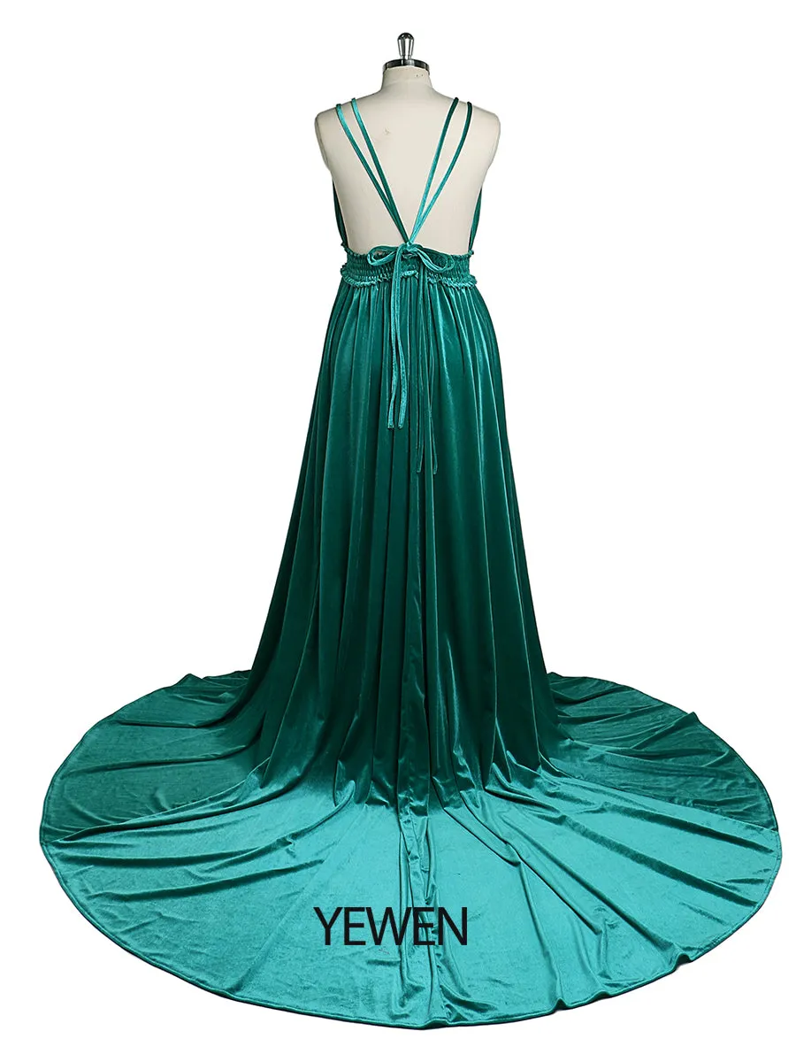Velvet V-Neck Stretch Waist Side Slit Long Photo Shoot Dress YD21827