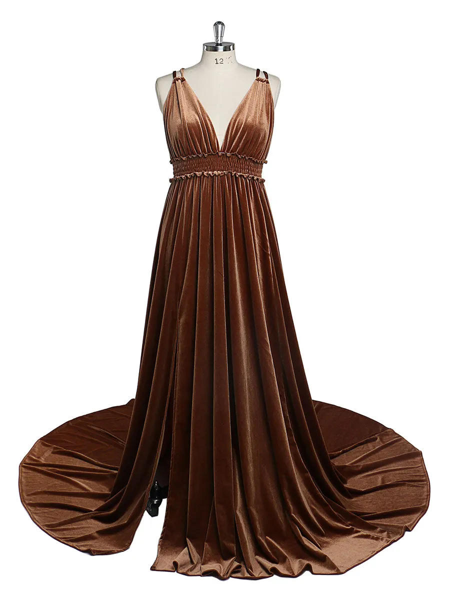 Velvet V-Neck Stretch Waist Side Slit Long Photo Shoot Dress YD21827