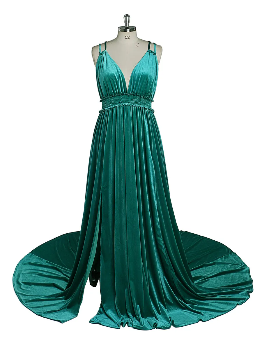 Velvet V-Neck Stretch Waist Side Slit Long Photo Shoot Dress YD21827