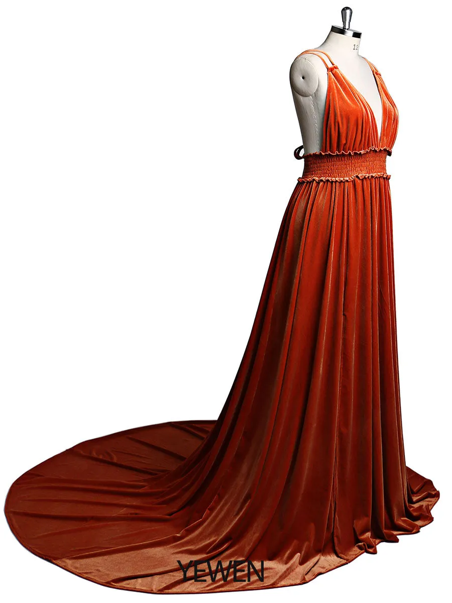 Velvet V-Neck Stretch Waist Side Slit Long Photo Shoot Dress YD21827