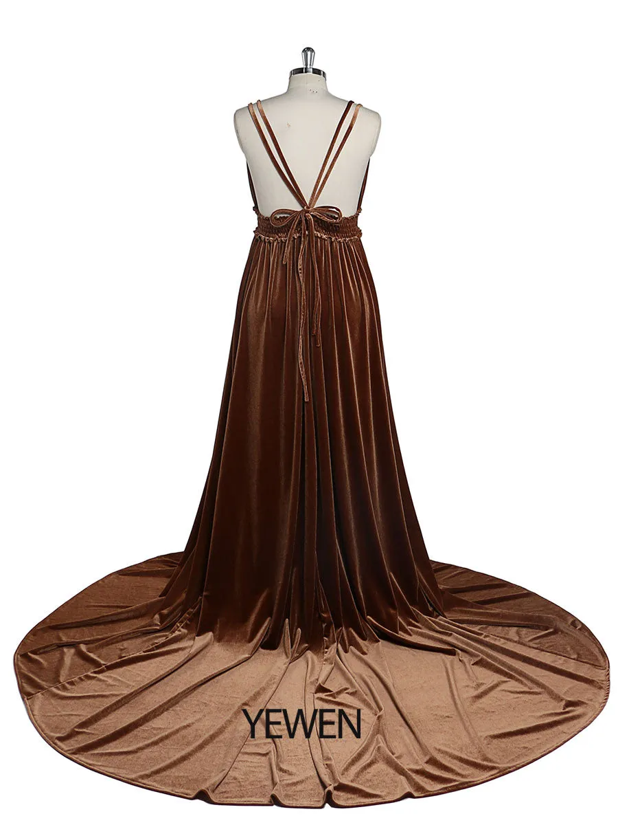 Velvet V-Neck Stretch Waist Side Slit Long Photo Shoot Dress YD21827