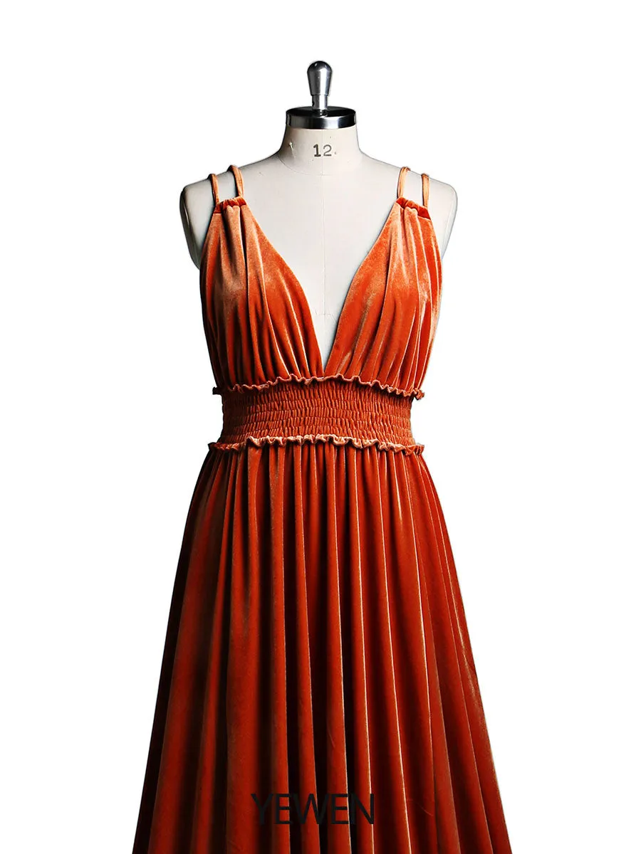Velvet V-Neck Stretch Waist Side Slit Long Photo Shoot Dress YD21827