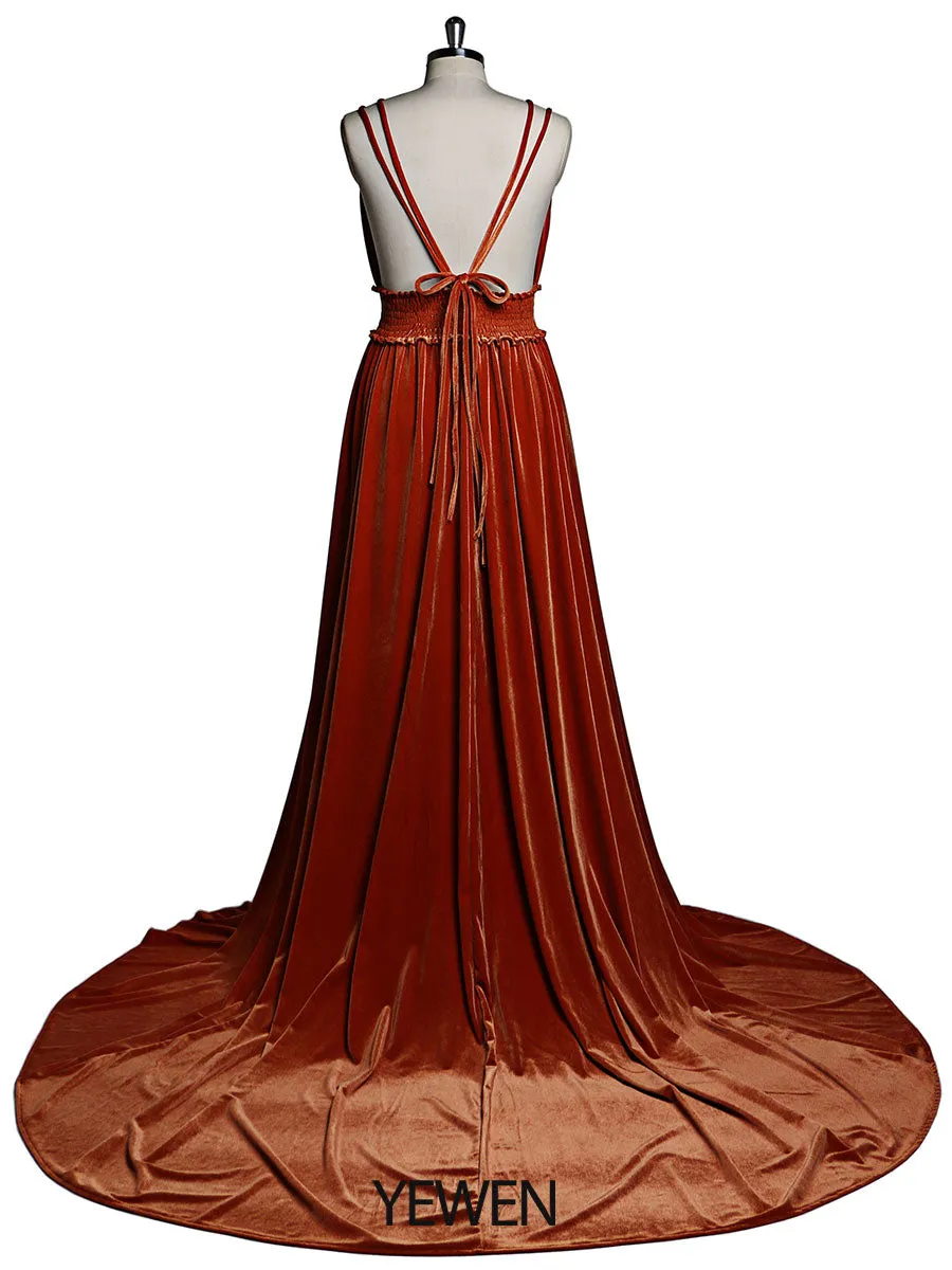 Velvet V-Neck Stretch Waist Side Slit Long Photo Shoot Dress YD21827