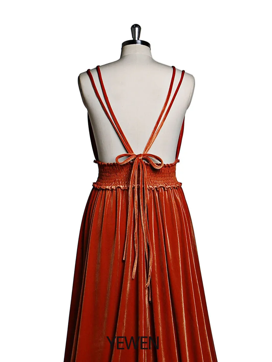 Velvet V-Neck Stretch Waist Side Slit Long Photo Shoot Dress YD21827