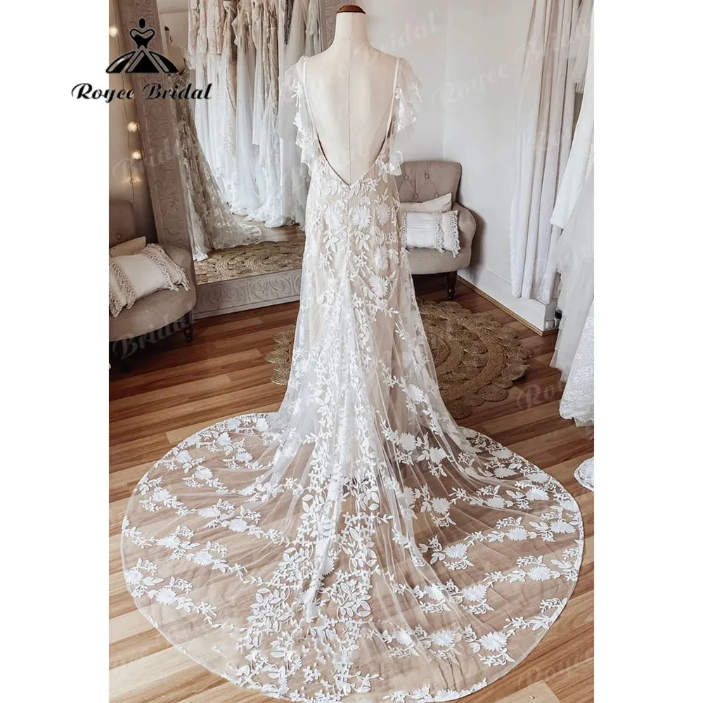 Vintage Behemian Boho Full Lace Backless Beach Wedding Dress with V Neck 2025 Bridal Gowns vestido de noiva simples Roycebridal