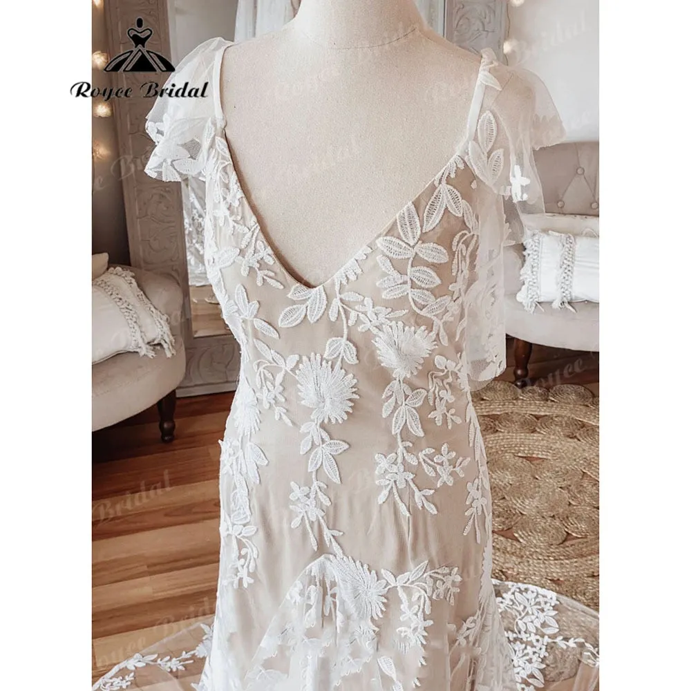 Vintage Behemian Boho Full Lace Backless Beach Wedding Dress with V Neck 2025 Bridal Gowns vestido de noiva simples Roycebridal
