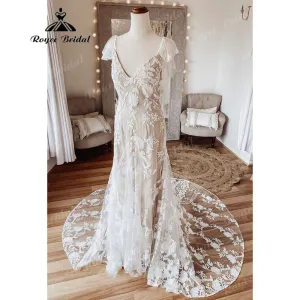 Vintage Behemian Boho Full Lace Backless Beach Wedding Dress with V Neck 2025 Bridal Gowns vestido de noiva simples Roycebridal
