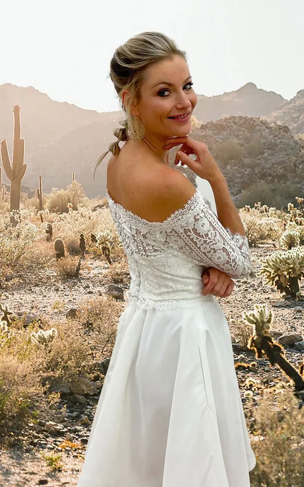 Vintage Country Short Off-the-Shoulder Boho Lace Midi Wedding Dress Floral 3/4 Length Sleeve Illusion Back Bridal Gown