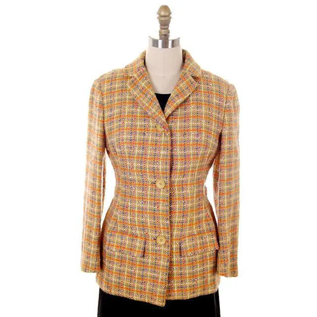 Vintage Ladies Blazer Aquascutum Wool Tweed Green/Purple & Orange 1970s