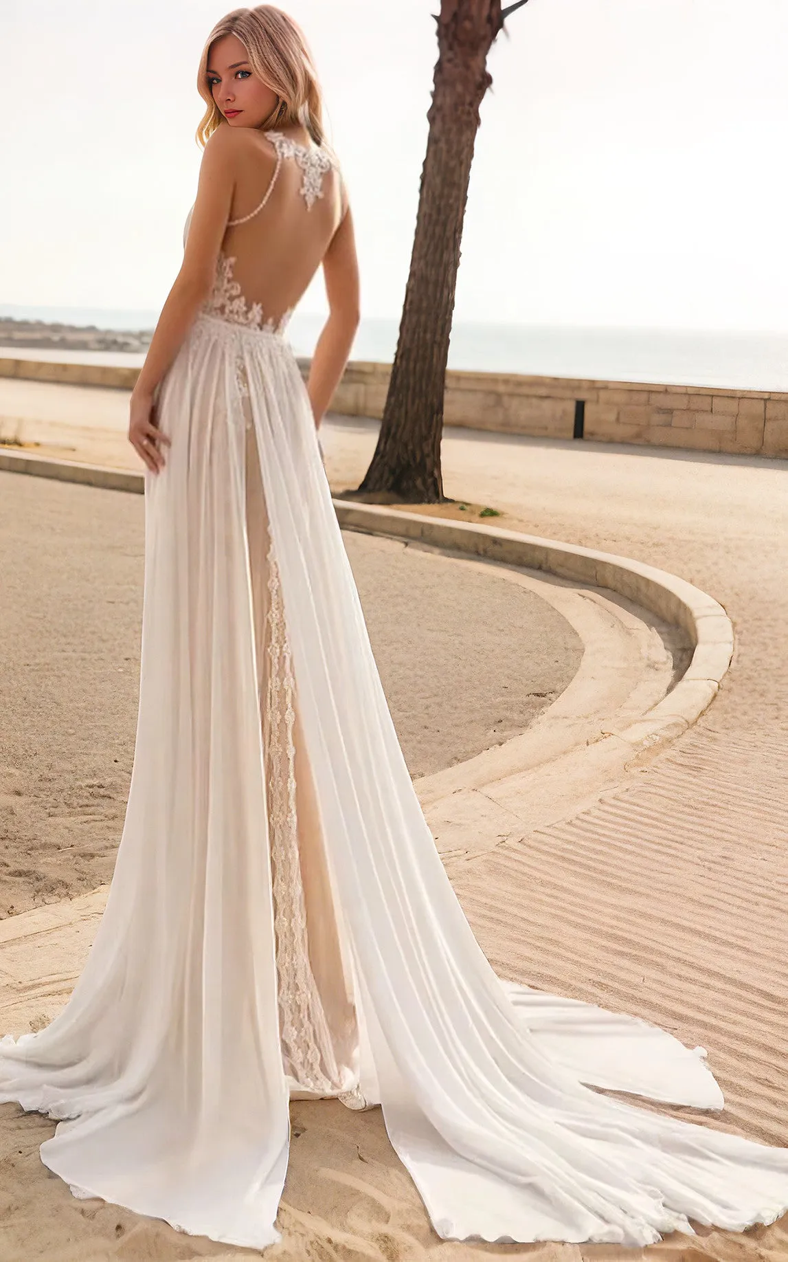 Vintage Modest A-Line Boho Lace Wedding Dress Minimalist Jewel Neck Illusion Tulle Bridal Dress