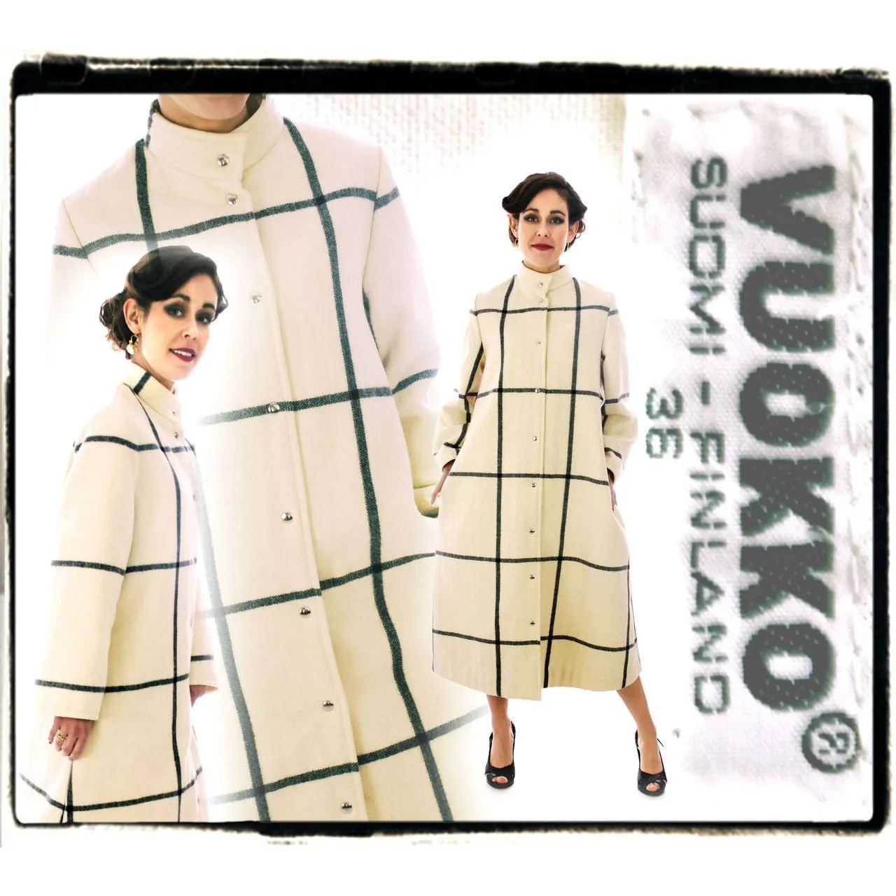 Vintage Vuokko Suomi Finland A-line Coat Plaid 1970s  US Size 4-6 EU 36