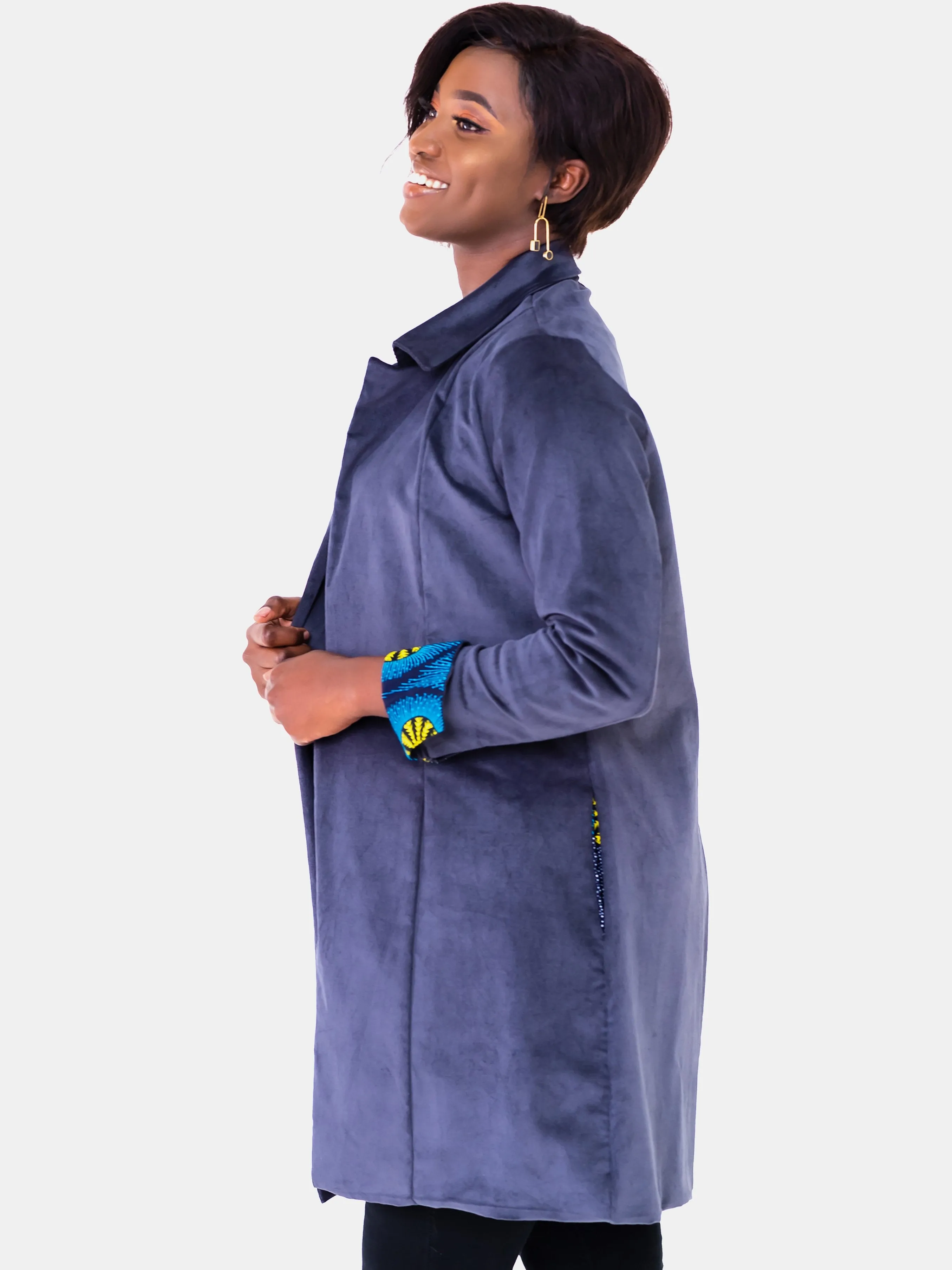 Vivo Corduroy Trench Coat - Blue Print