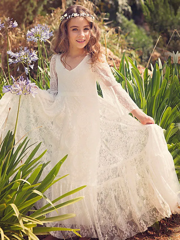 White Lace Flare Sleeve Sash A-line V Neck Ankle Length Boho flower girl dress
