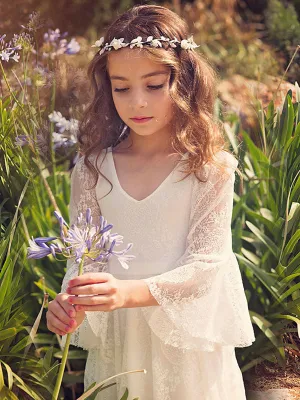 White Lace Flare Sleeve Sash A-line V Neck Ankle Length Boho flower girl dress