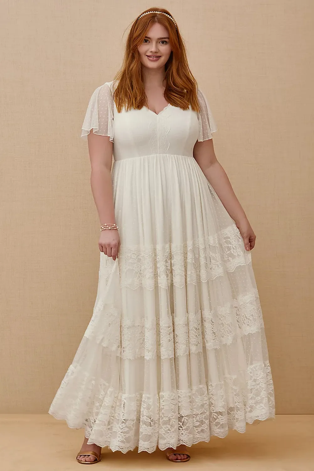 White Plus Size Lace A-line Boho Wedding Dress
