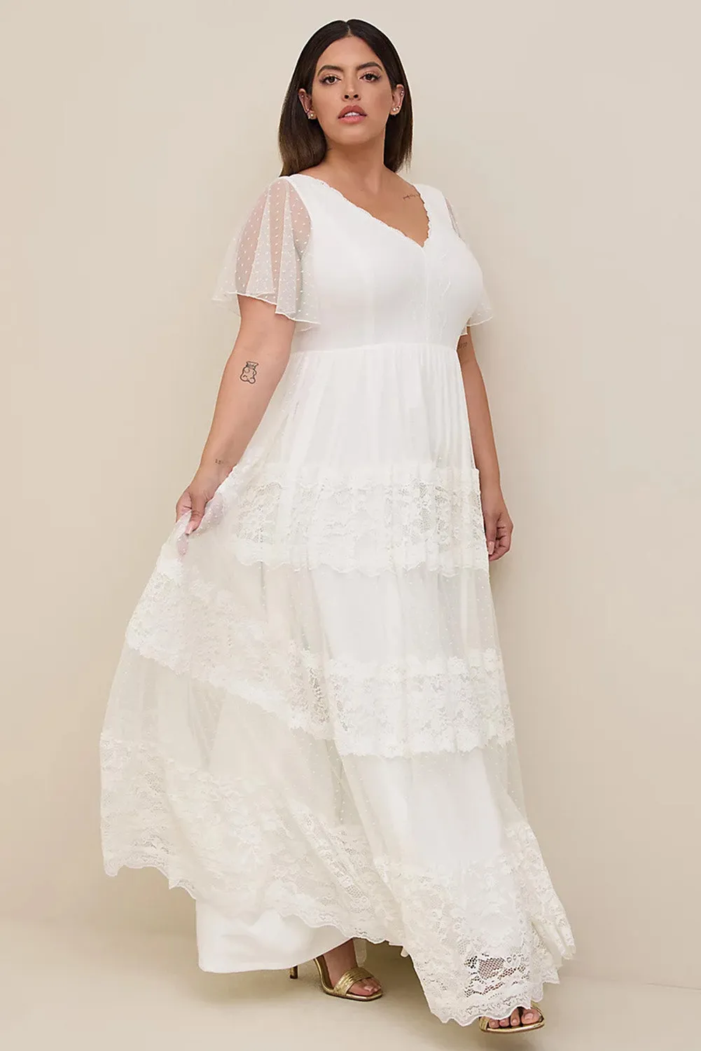 White Plus Size Lace A-line Boho Wedding Dress