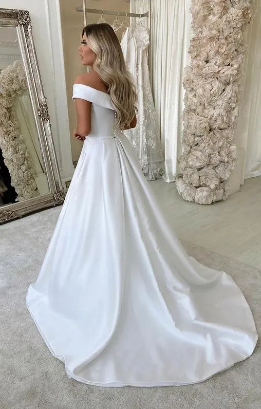 White Satin A-line V-neck Sweep Train Wedding Dresses, Bridal Dress, MW695