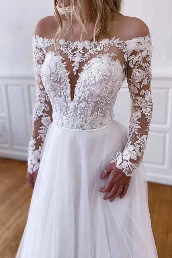 White Tulle Lace A-line Long Sleeves Wedding Dresses, Wedding Gowns, MW816