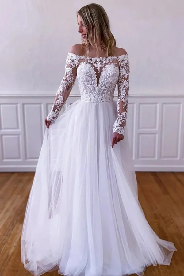 White Tulle Lace A-line Long Sleeves Wedding Dresses, Wedding Gowns, MW816