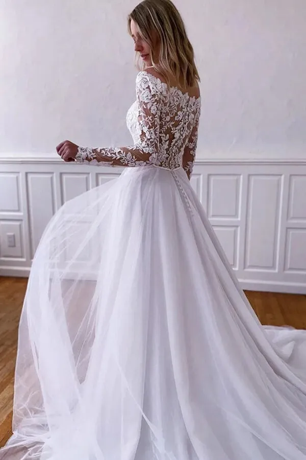 White Tulle Lace A-line Long Sleeves Wedding Dresses, Wedding Gowns, MW816