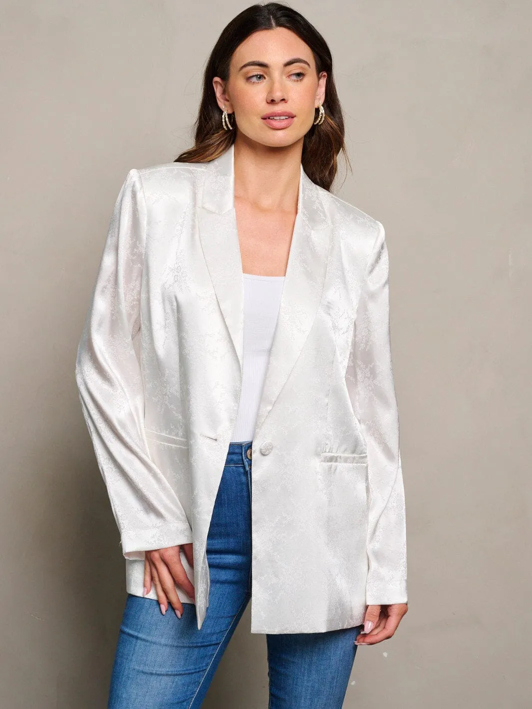 WOMEN'S LONG SLEEVE BUTTON CLOSURE FLORAL JACQUARD BLAZER