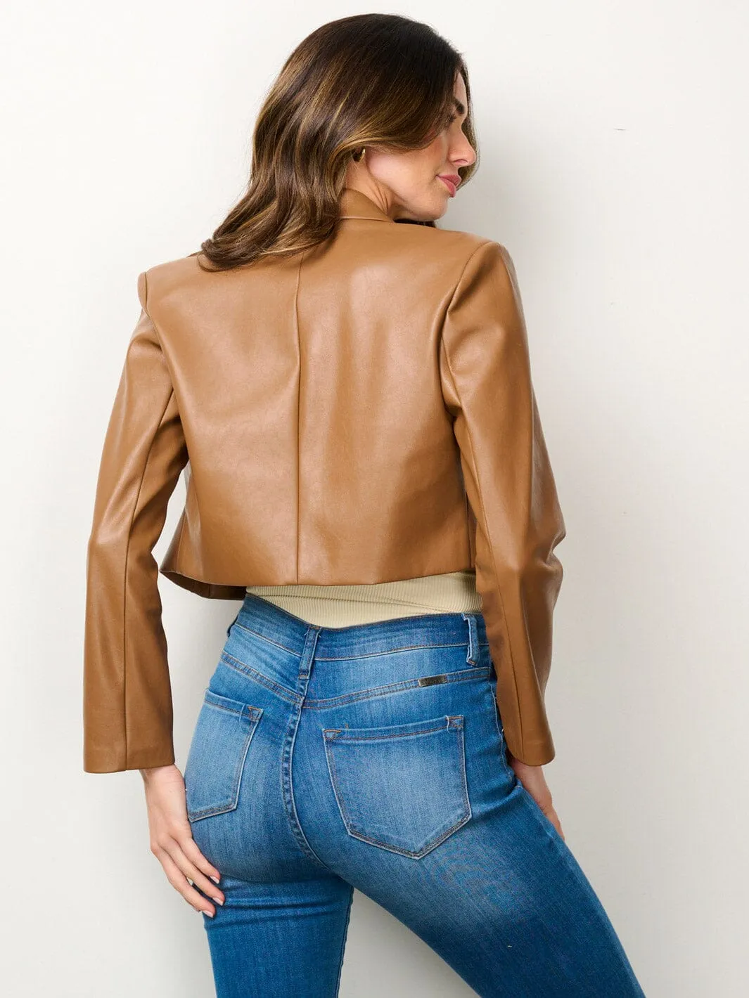 WOMEN'S LONG SLEEVE BUTTON CLOSURE PU PLEATHER CROP BLAZER