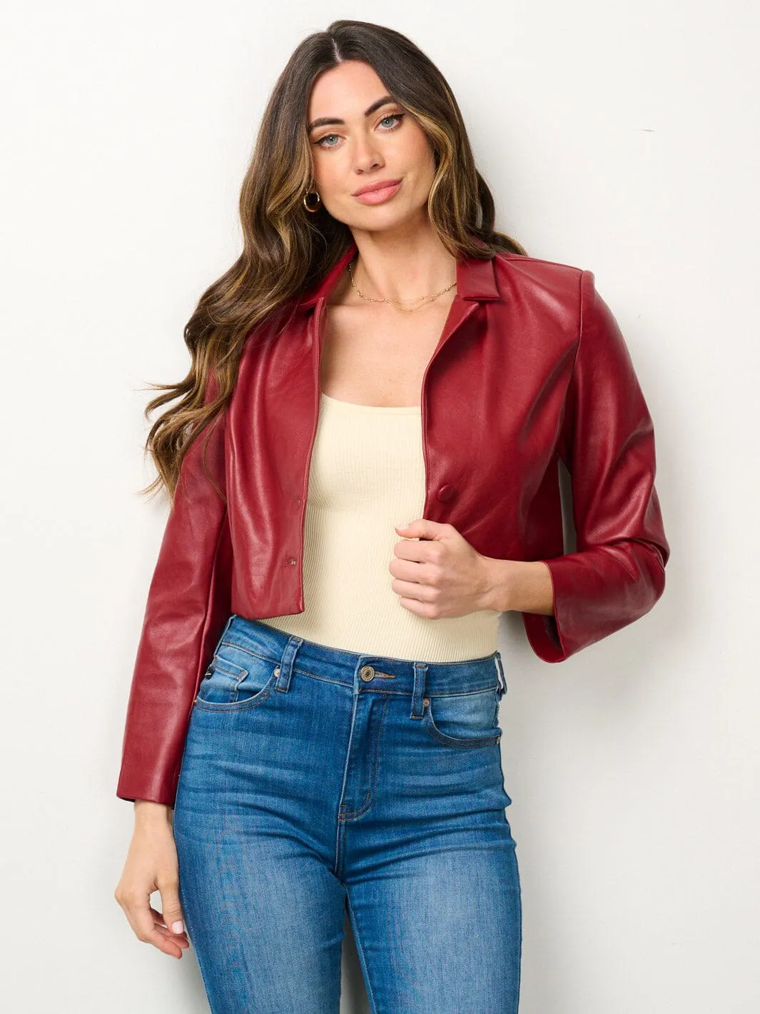 WOMEN'S LONG SLEEVE BUTTON CLOSURE PU PLEATHER CROP BLAZER