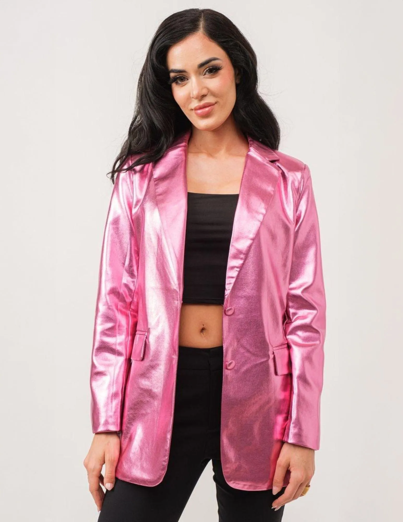 WOMEN'S LONG SLEEVE BUTTON CLOSURE PU PLEATHER METALLIC BLAZER