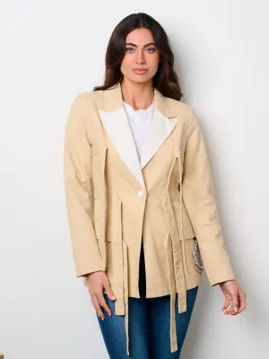 WOMEN'S LONG SLEEVE BUTTON CLOSURE SELF TIE STUDS DETAILED BLAZER