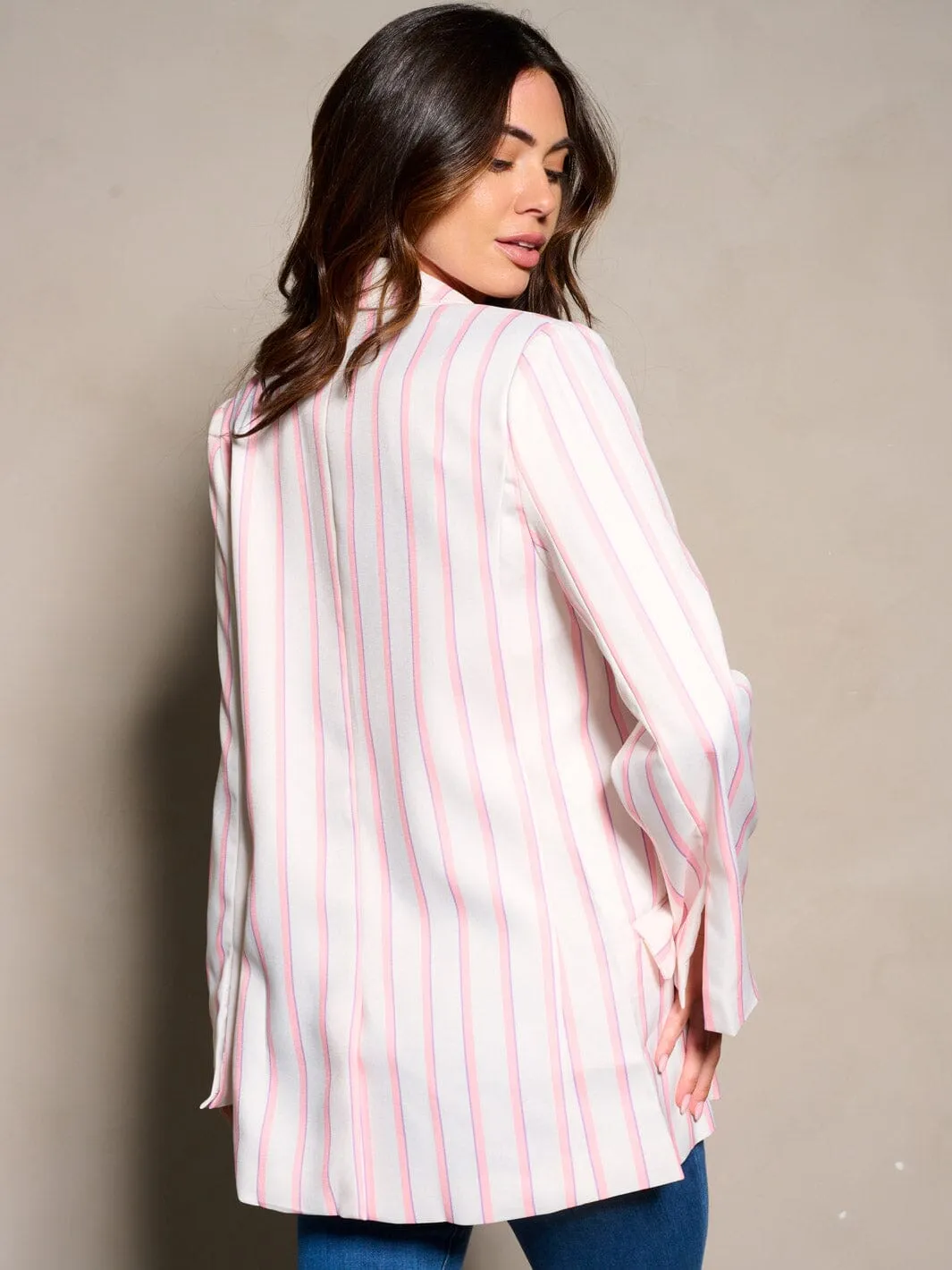 WOMEN'S LONG SLEEVE BUTTON CLOSURE STRIPES COLORBLOCK BLAZER