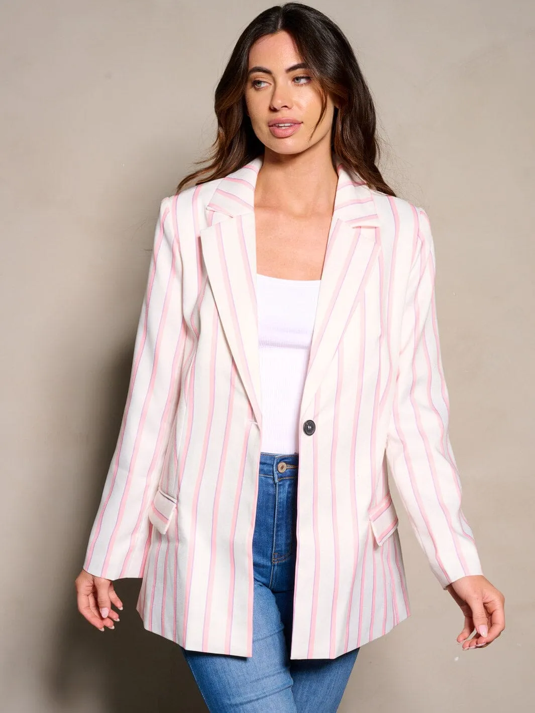 WOMEN'S LONG SLEEVE BUTTON CLOSURE STRIPES COLORBLOCK BLAZER